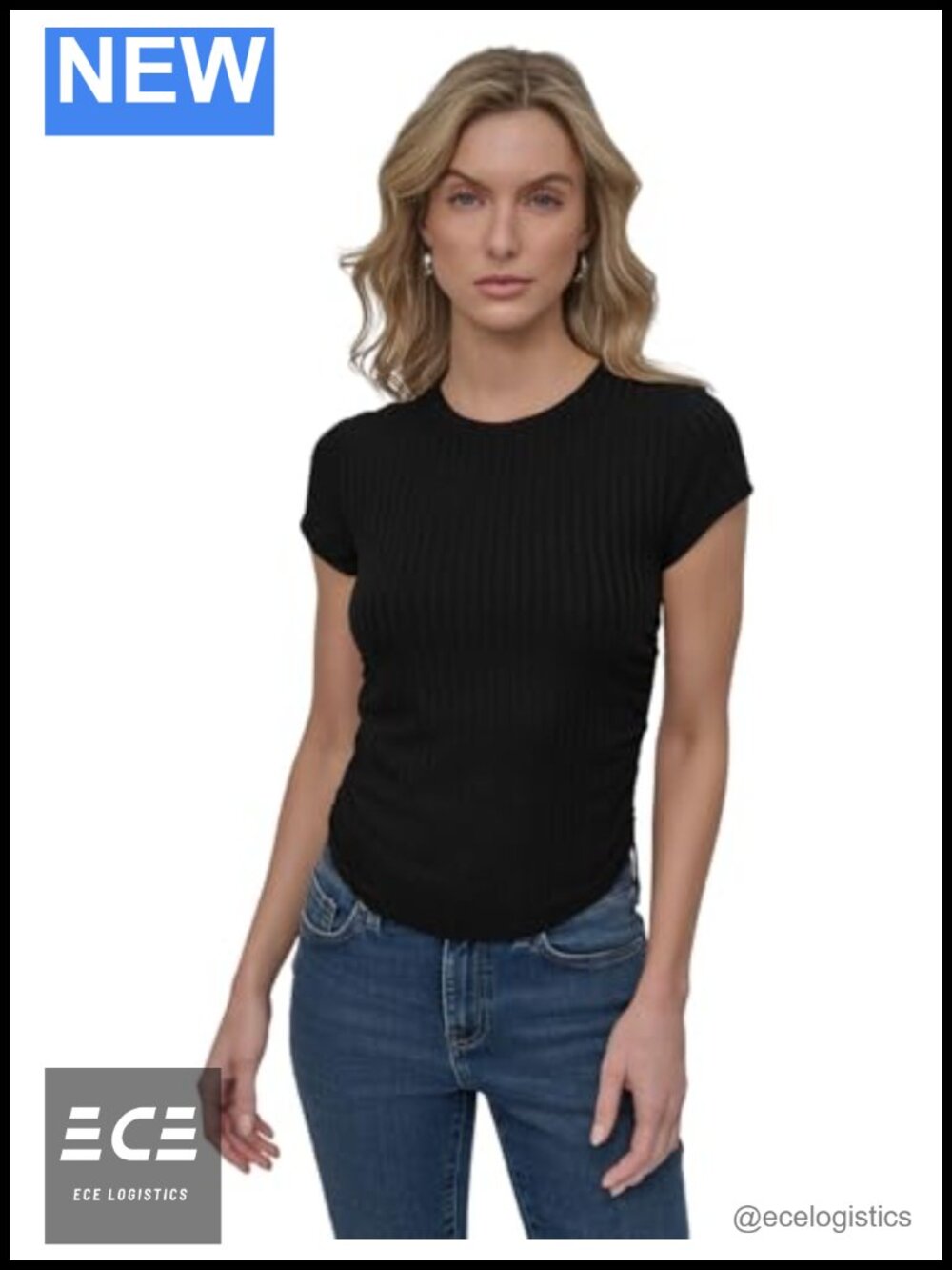 Ribbed Cap Sleeve Ruched Side Fitted Crew Neck Pullover T-Shirt